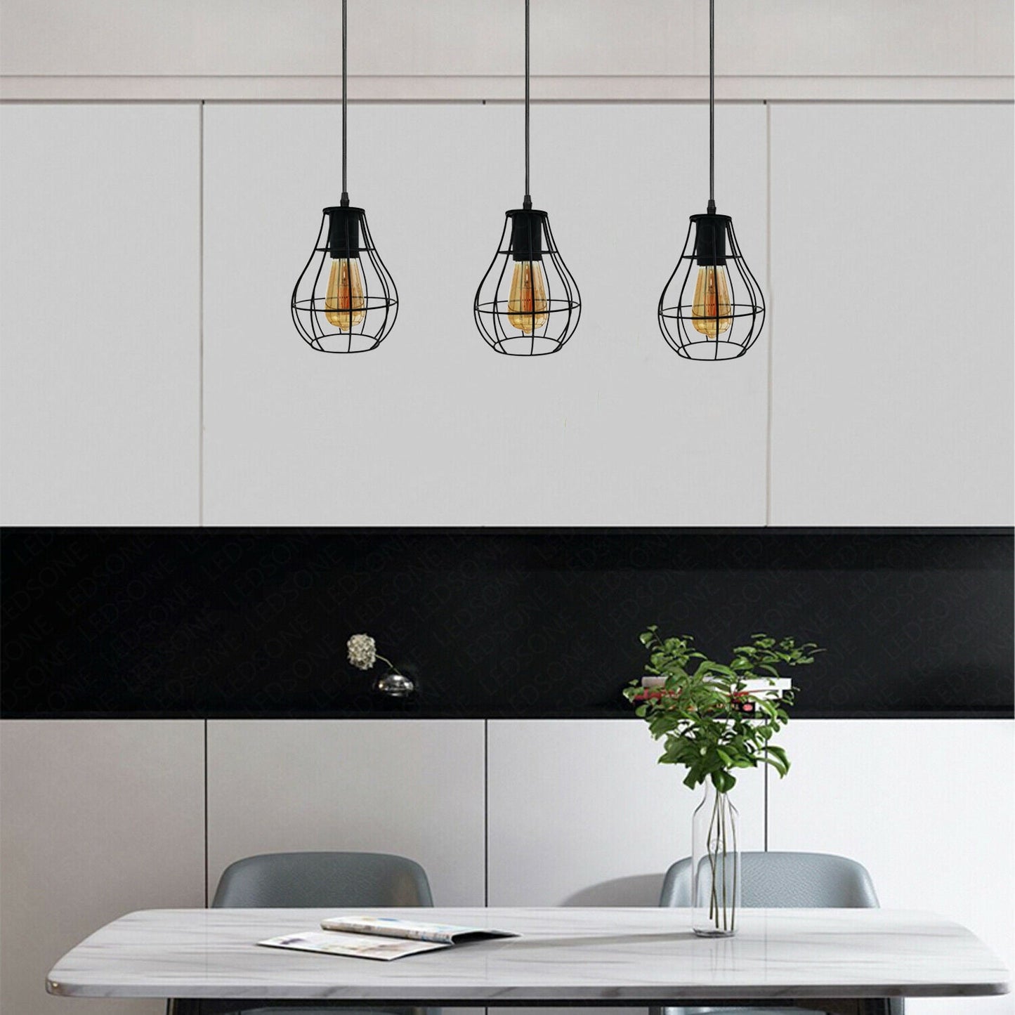Black Wire Rectangle Base 3 Head Pendant Light Fixture~3877