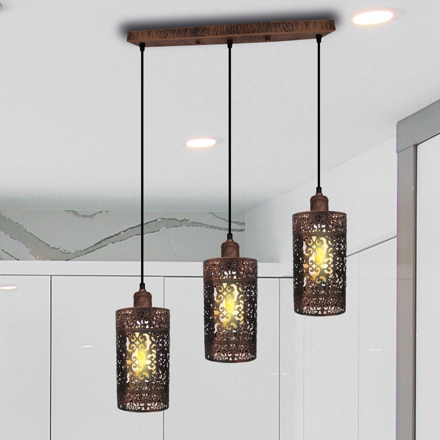 Industrial Vintage Retro 3 Way Rectangle Drum Cylinder Rustic Red Cage Pendant Light~4013-0
