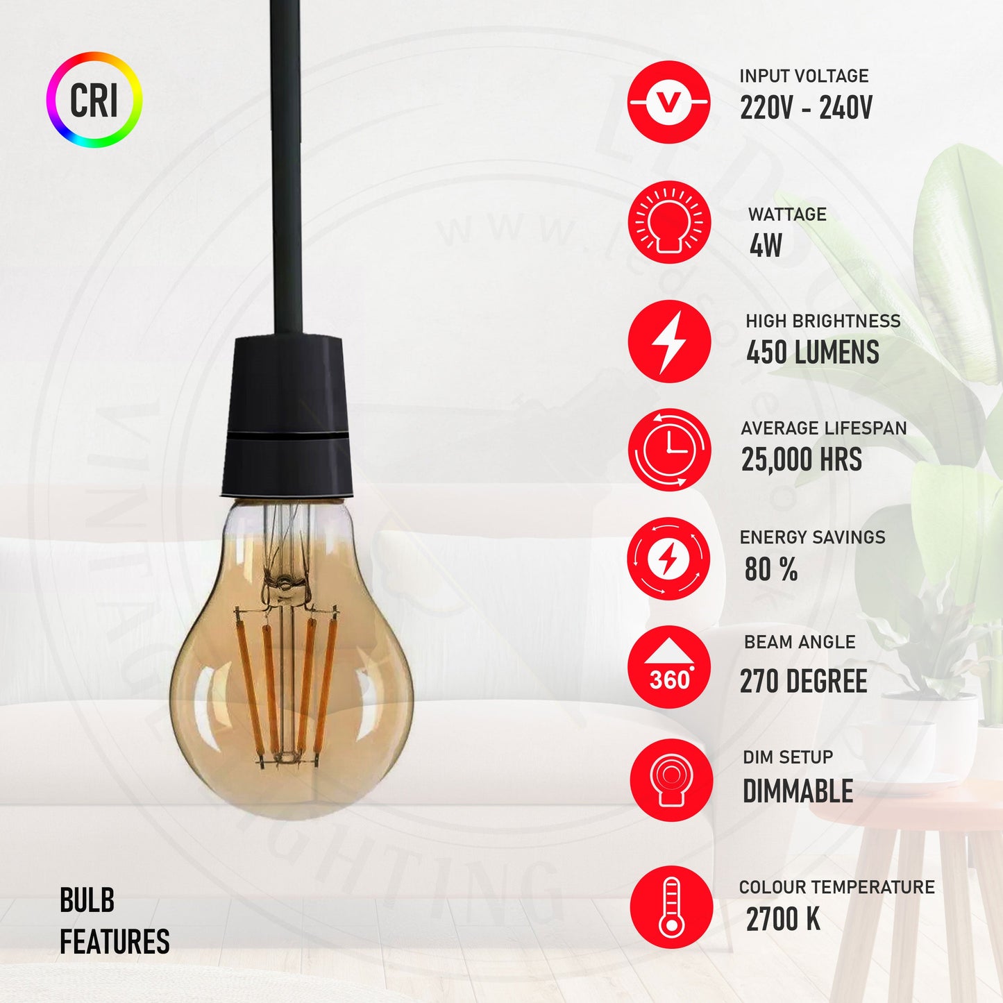 LED A60 E27 4W Bulb Filament Dimmable Screw Small Globe Light