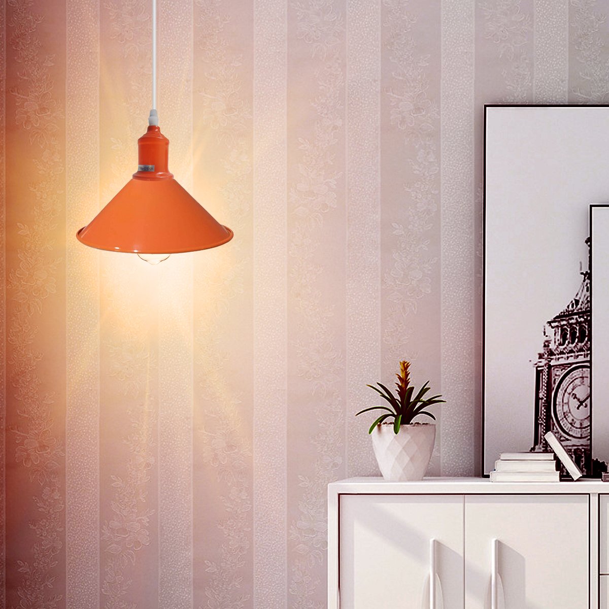Orange Painted Metal Shade Lighting Vintage Pendant Light~1507