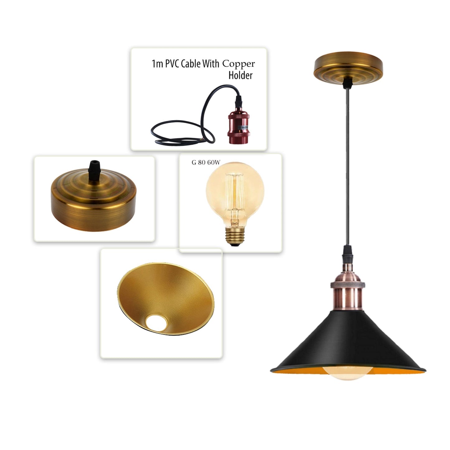 Retro Metal Pendant Black Ceiling Light Lamp Shade With Copper
