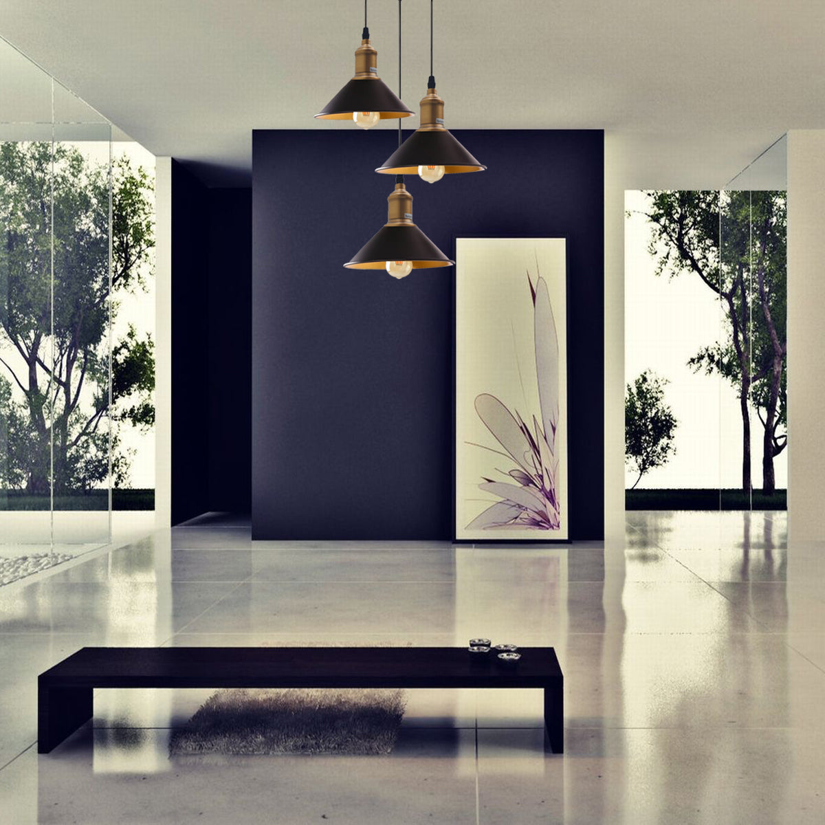 Three Outlet Black Pendant Light 3 Lights Modern Drop Hanging
