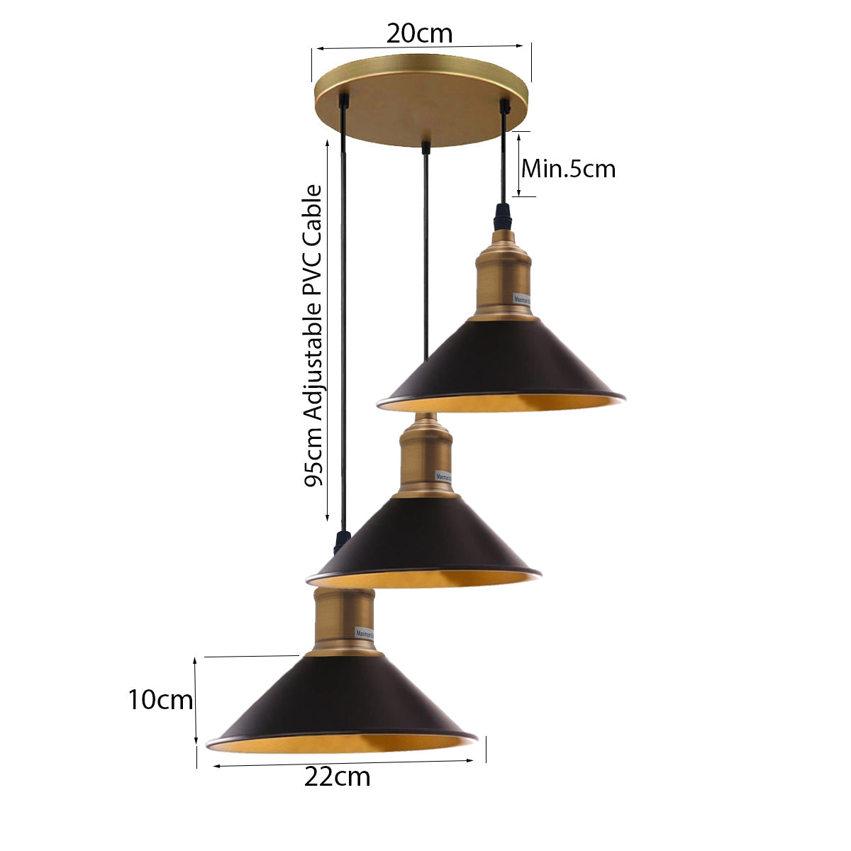 Three Outlet Black Pendant Light 3 Lights Modern Drop Hanging