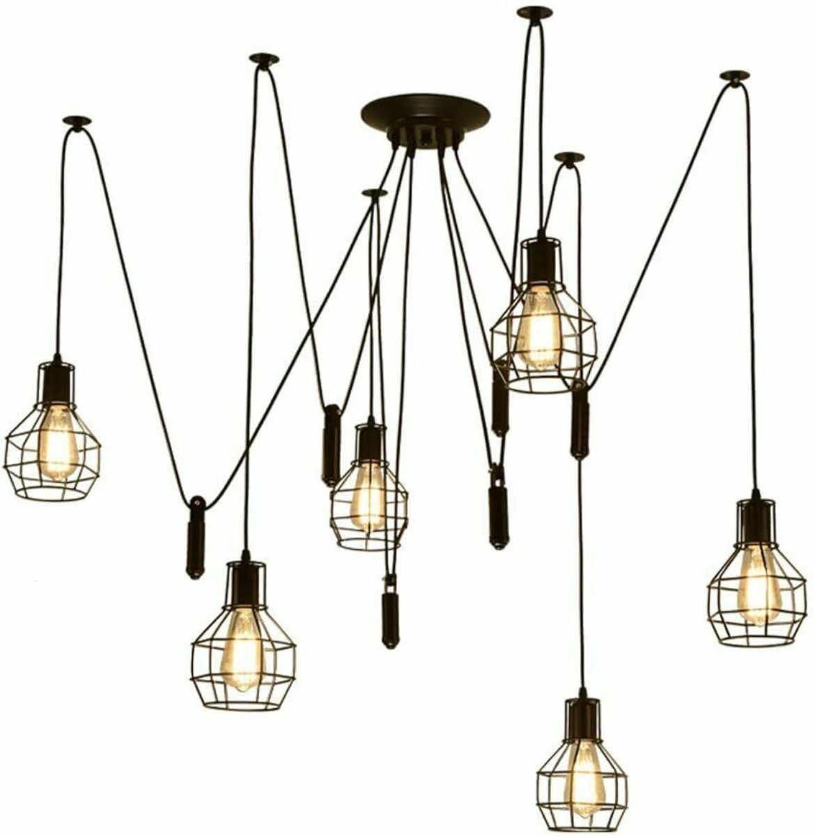 Black Spider Chandelier with Wire Cage 6 Out Let Pendant Light ~2018
